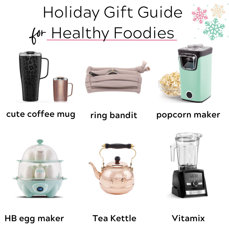 healthy gift ideas for foodies picture. Includes cute mug, ring bandit, popcorn maker, hb egg maker, tea kettle, viramix